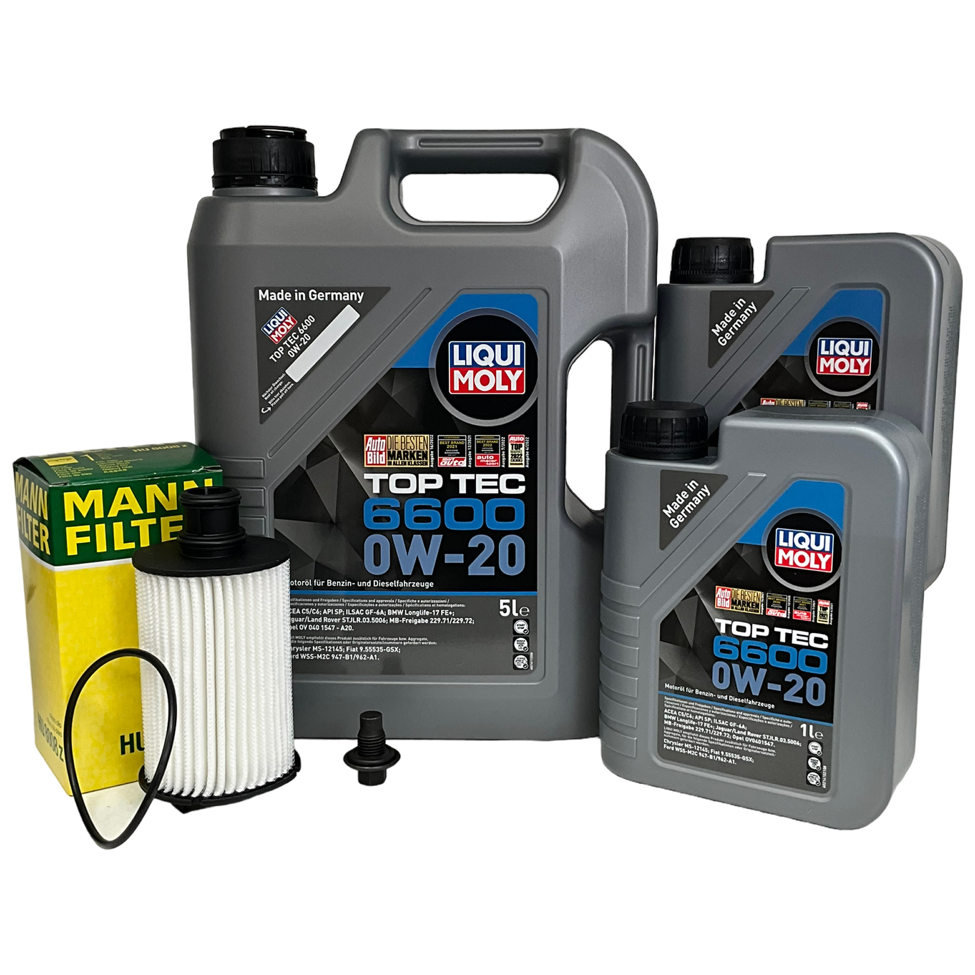 Jaguar F-Type V8 5 Litre service kit with Liqui Moly Top Tec 6600 0W-20 Engine Oil and Mann Oil Filter