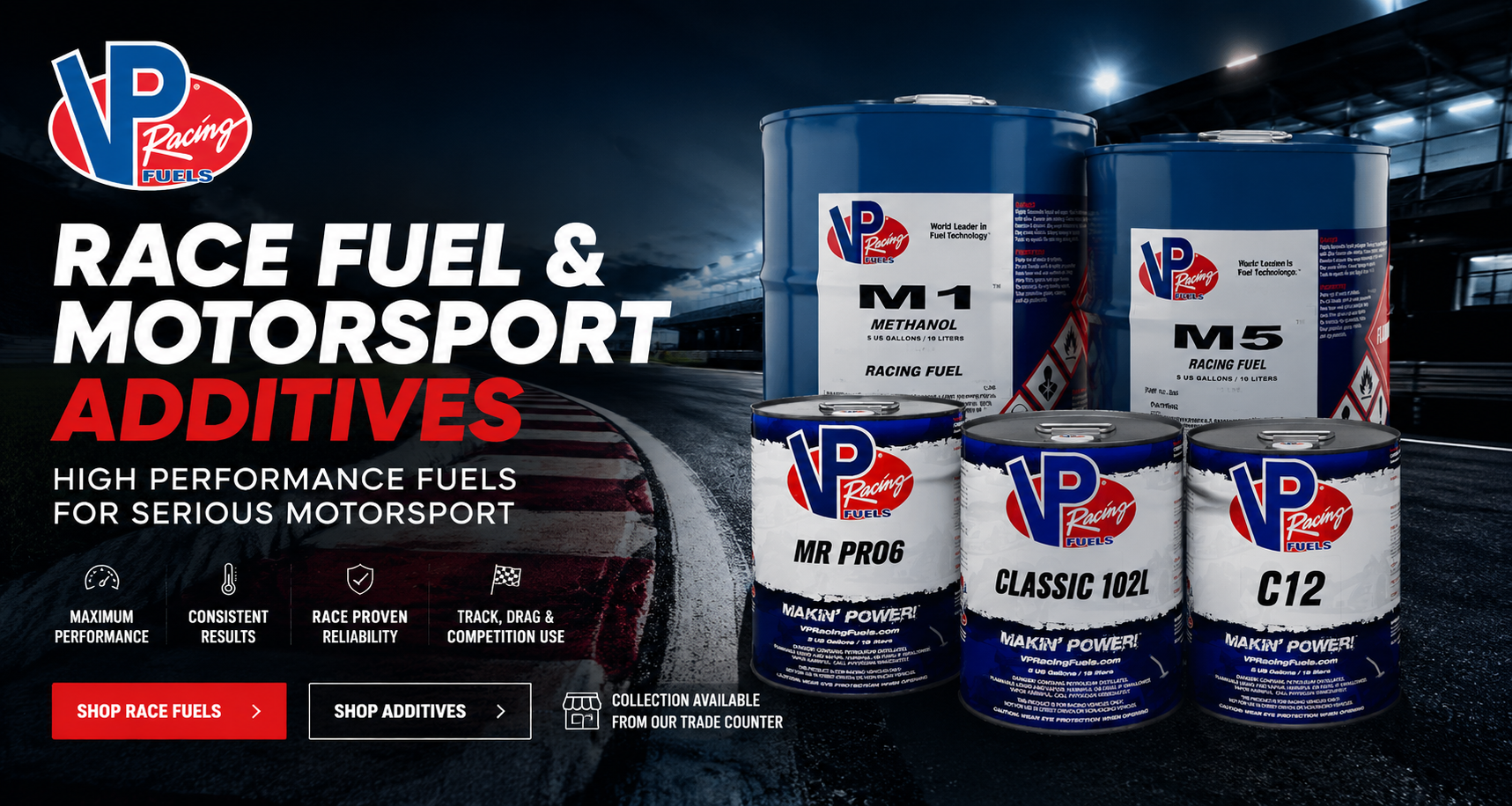 VP Racing Fuels race fuel and motorsport additives including M1 methanol, C12 and Classic 102L drums on racetrack background